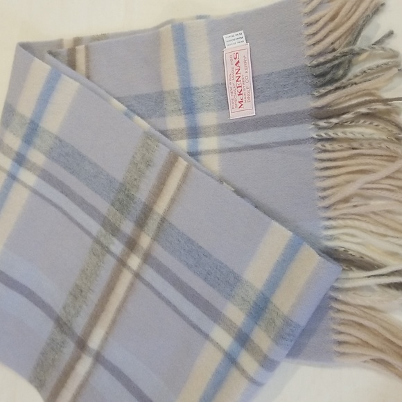 Mc kennas  Blue gray plaid 80% wool 20% cashmere fringed  scarf size approx 60in - Picture 2 of 4